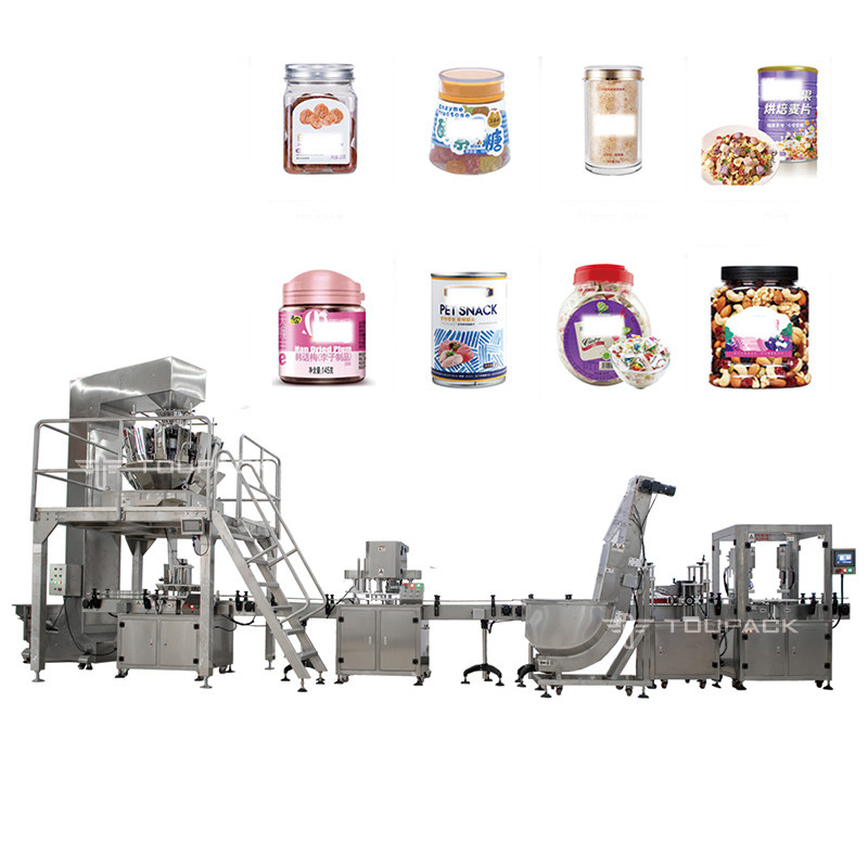 Volledig automatische flessen met opblaasbare voedselblikken vulmachines bugels garnalen crackers pot vulmachine