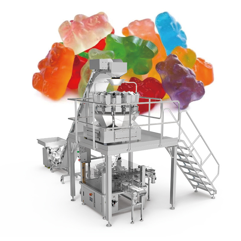 Automatische noten chips gummy candies ritszak zak zak verpakkingsmachine met multi-head weegsysteem