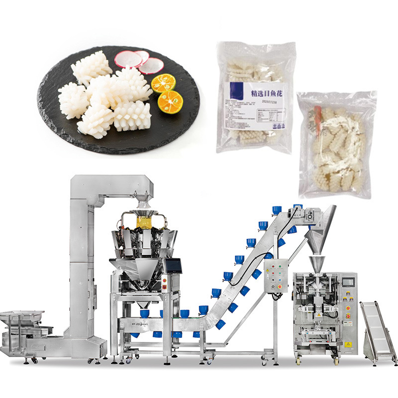 Food Grade Automatische Vacuüm Diepvries Voedsel Zak Verpakkingsmachine Garnalen Inktvis Ringen Zak Multihead Weegmachine Vul- en Verpakkingsmachine
