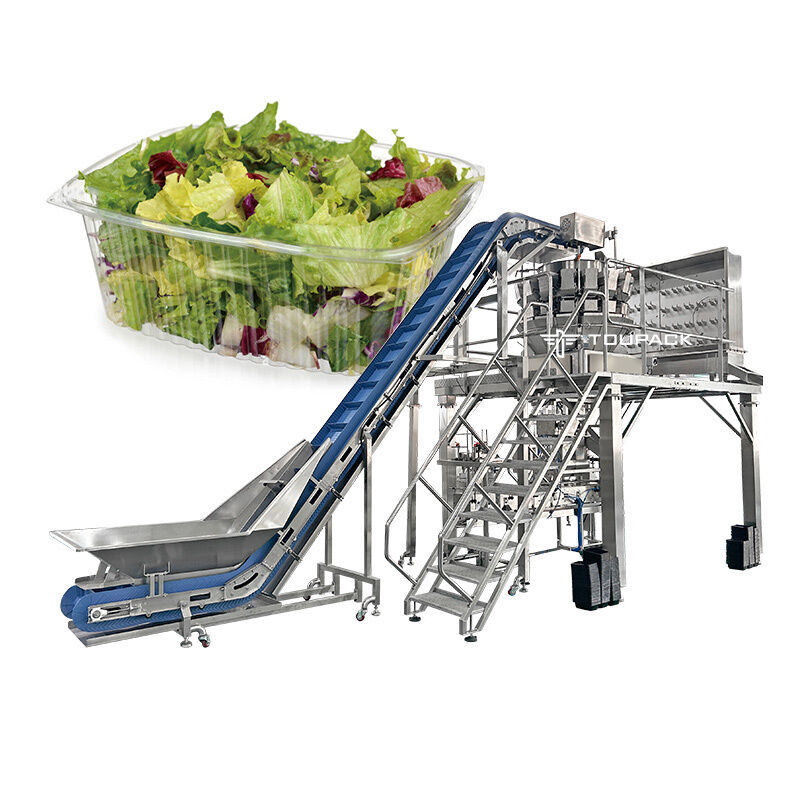 Automatische salade- en fruitverpakkingslijn met multiheadwegerbaksluitmachine voor kant-en-klaarmaaltijden
