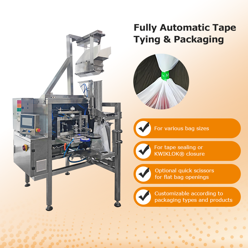 Automatische zaksluitmachine voor verse groenten- en fruitverpakkingen met plakband of plastic clipsluiting