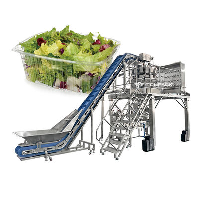 Automatische salade- en fruitverpakkingslijn met multiheadwegerbaksluitmachine voor kant-en-klaarmaaltijden