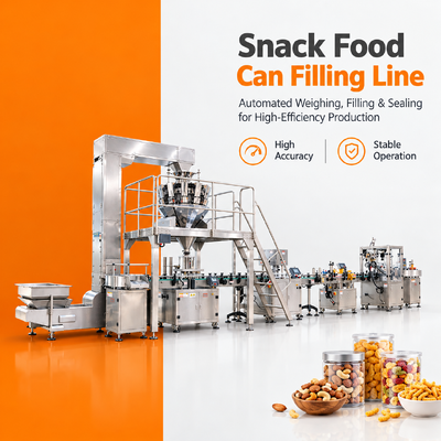 Automatische weegmachine voor het vullen van gepufte snacks met verzegeling en etikettering van blikjes